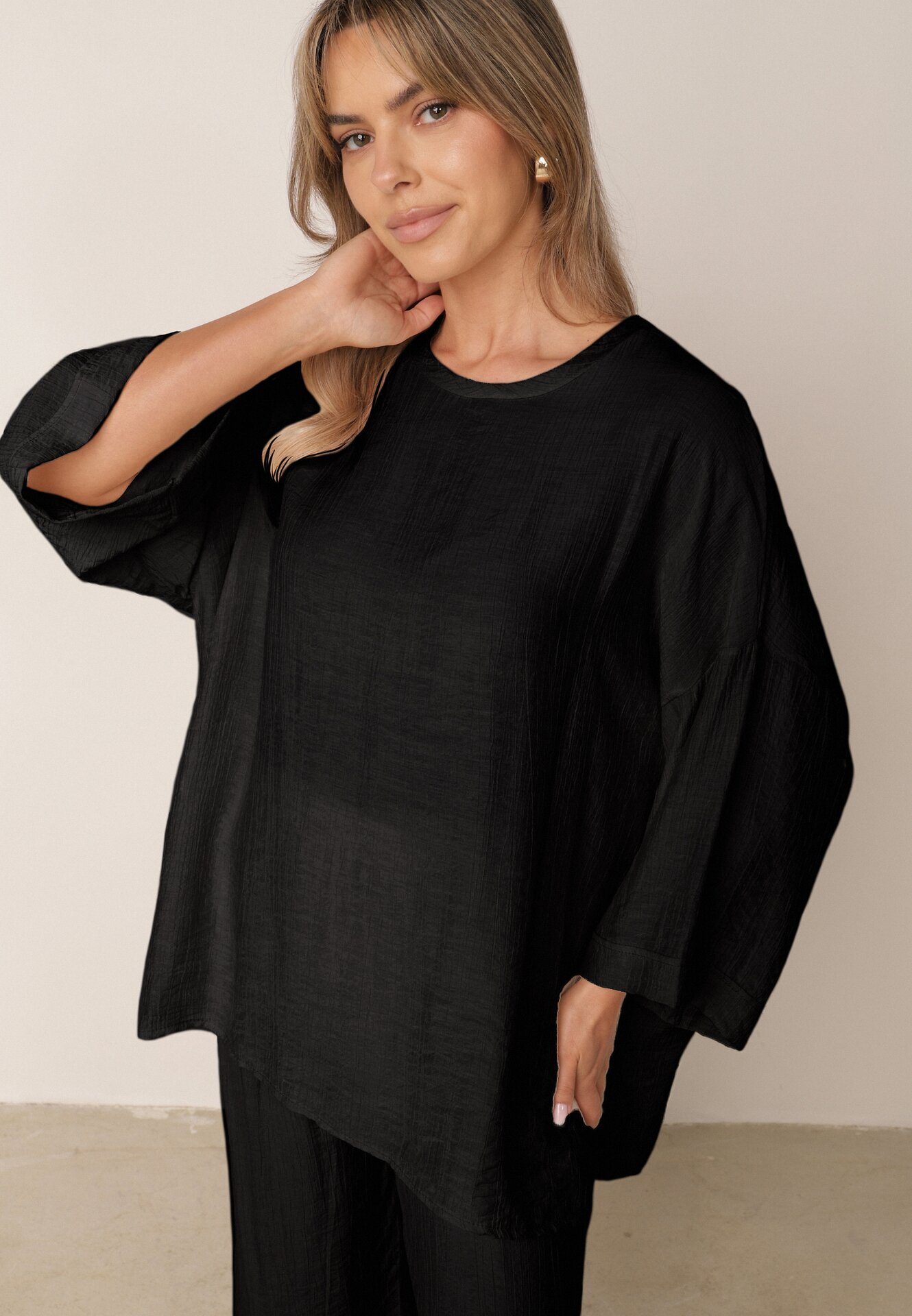  Set Negru din Viscoză Pantaloni Largi cu Elastic în Talie Top cu Croi Liliac Odrina