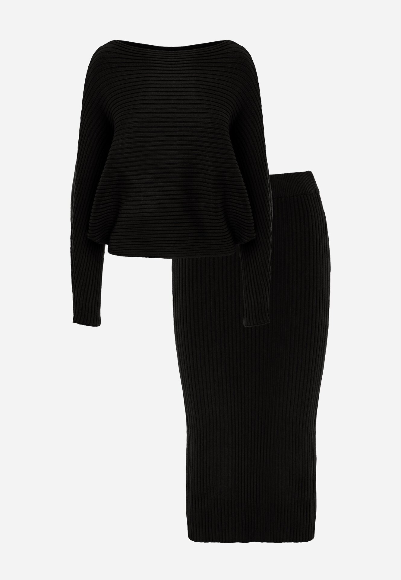  Set Negru Striat cu viscoză Bluză tip liliac Fustă cu elastic în talie Zortia