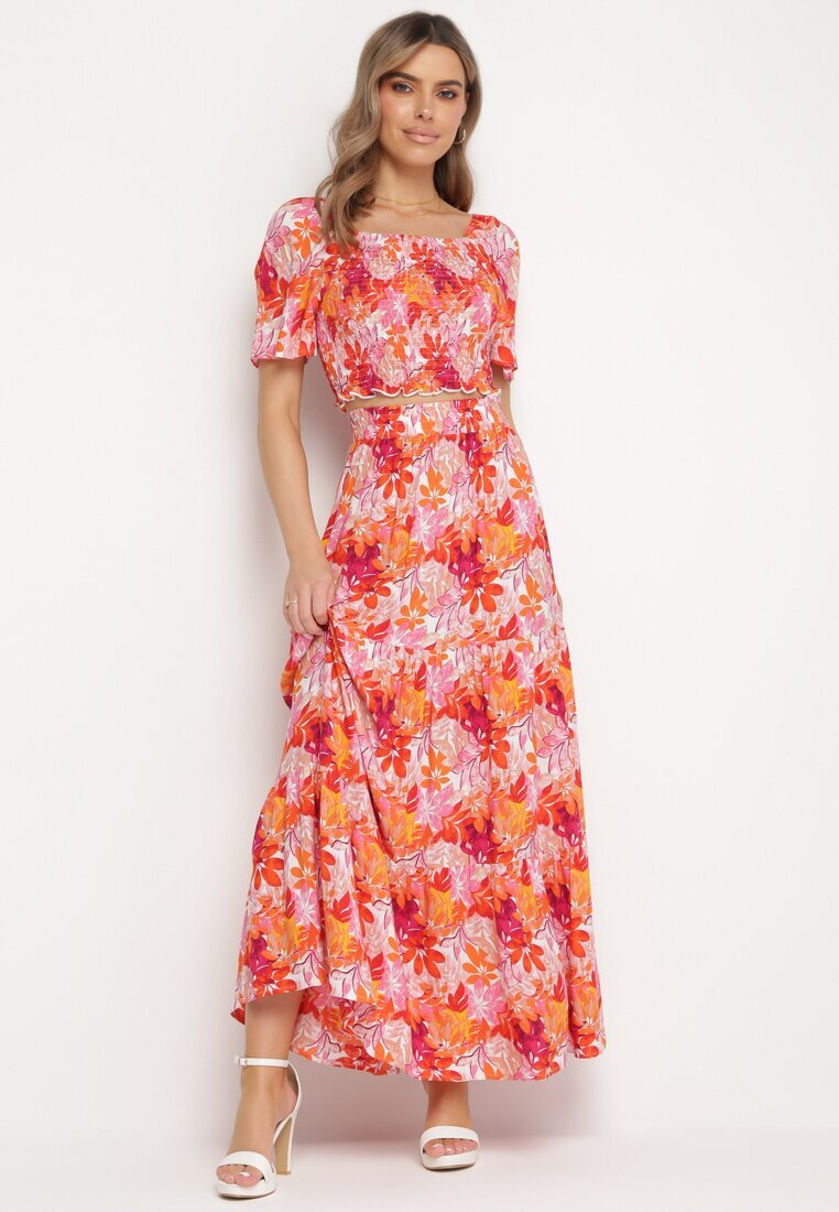  Set Portocaliu cu Top și Fustă Maxi cu Imprimeu Floral Savanasa