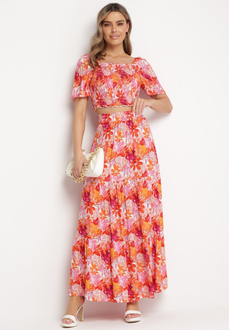  Set Portocaliu cu Top și Fustă Maxi cu Imprimeu Floral Savanasa