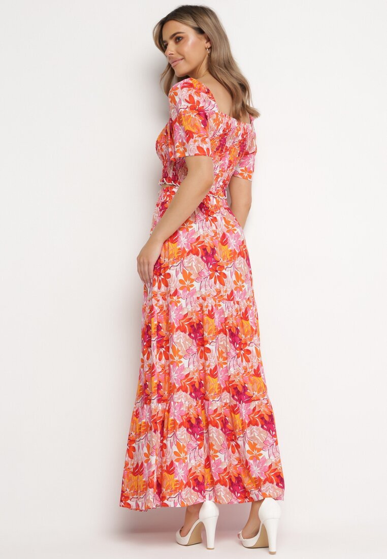  Set Portocaliu cu Top și Fustă Maxi cu Imprimeu Floral Savanasa