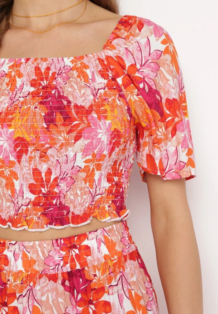  Set Portocaliu cu Top și Fustă Maxi cu Imprimeu Floral Savanasa