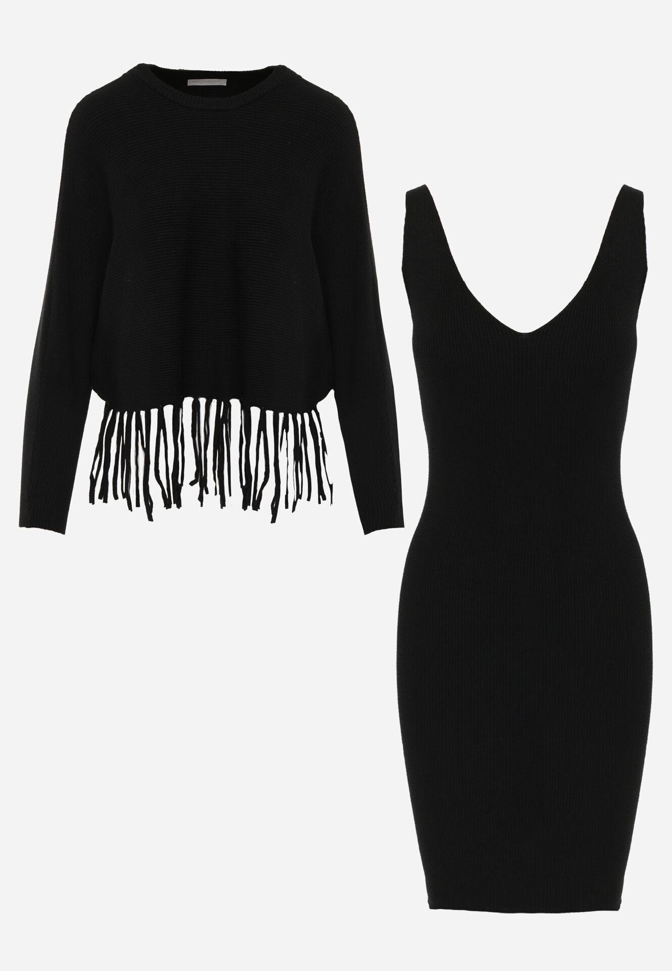  Set Reiat Negru din Viscoză cu Rochie Mulată și Bluză cu Franjuri Vaithara