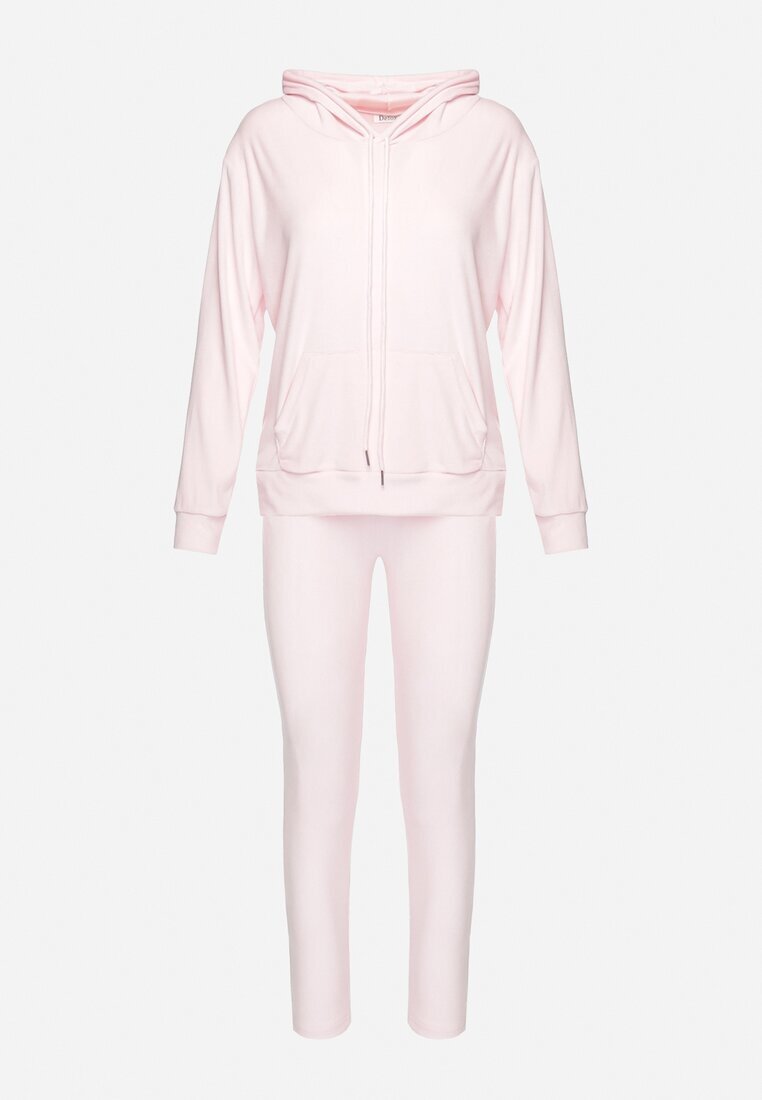  Set Trening Roz Deschis din Velur Bluză cu Glugă și Pantaloni cu Elastic în Talie Avinlia
