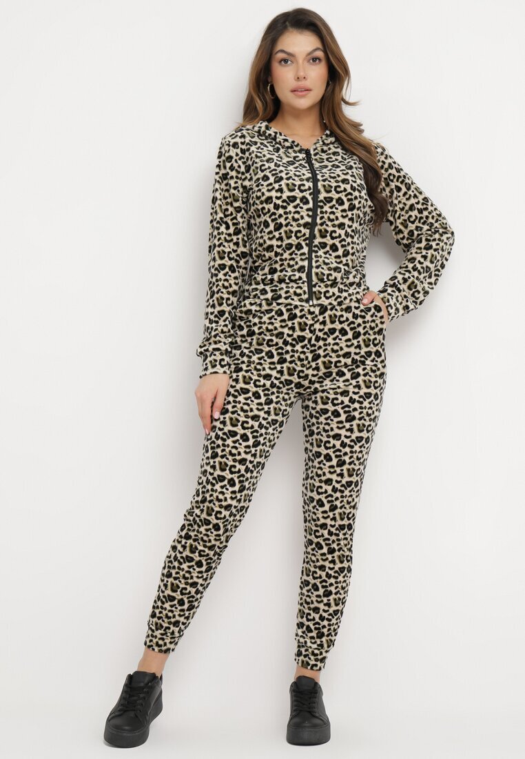  Set Trening Verde-Bej cu Leopard din Tricot Velur Alermi