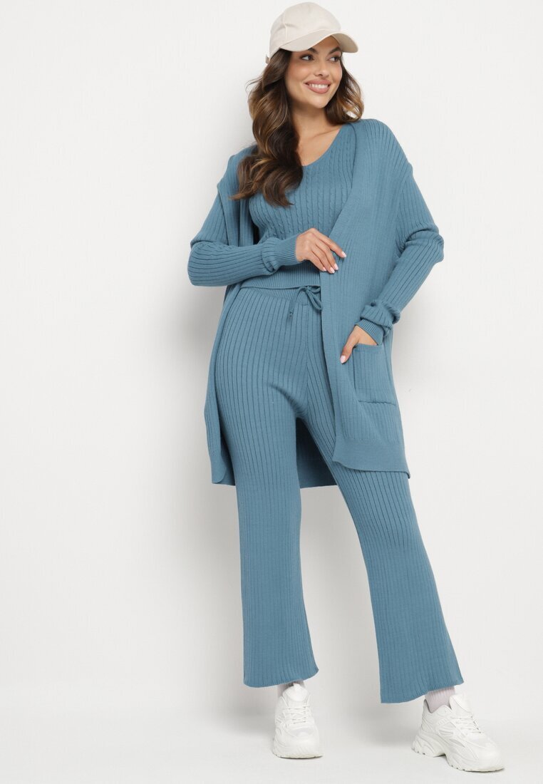  Set Tricotat Albastru Cardigan Deschis Bluză fără mâneci și Pantaloni Largi Irissarae