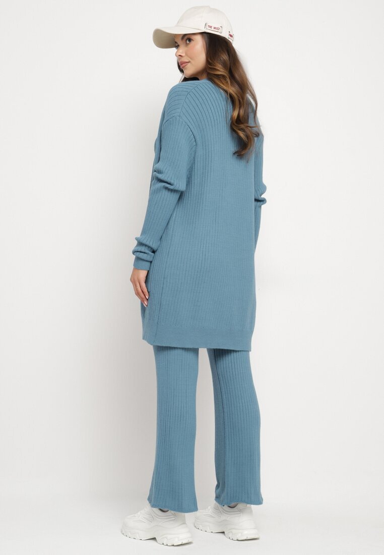  Set Tricotat Albastru Cardigan Deschis Bluză fără mâneci și Pantaloni Largi Irissarae