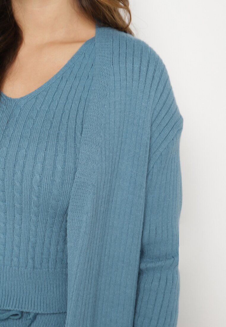  Set Tricotat Albastru Cardigan Deschis Bluză fără mâneci și Pantaloni Largi Irissarae