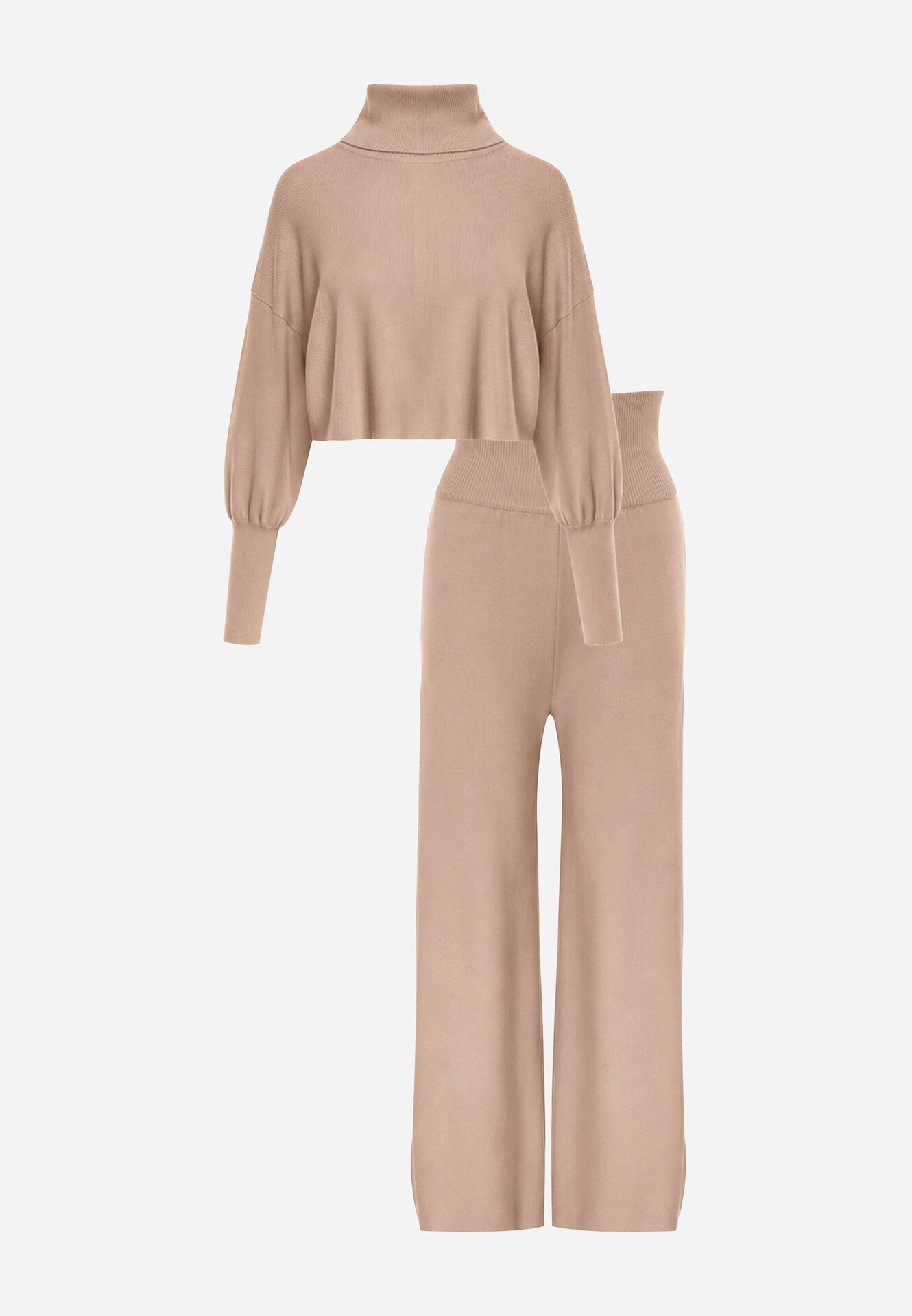 Set Tricotat Bej cu Viscoză Bluză tip golf cu elastic și Pantaloni largi Noridra