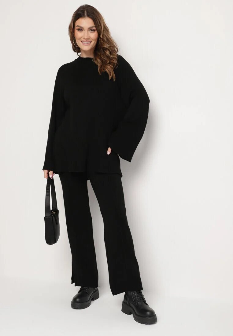  Set Tricotat Negru cu Vâscoză Pulover și Pantaloni cu elastic în talie și Fante Malwiya