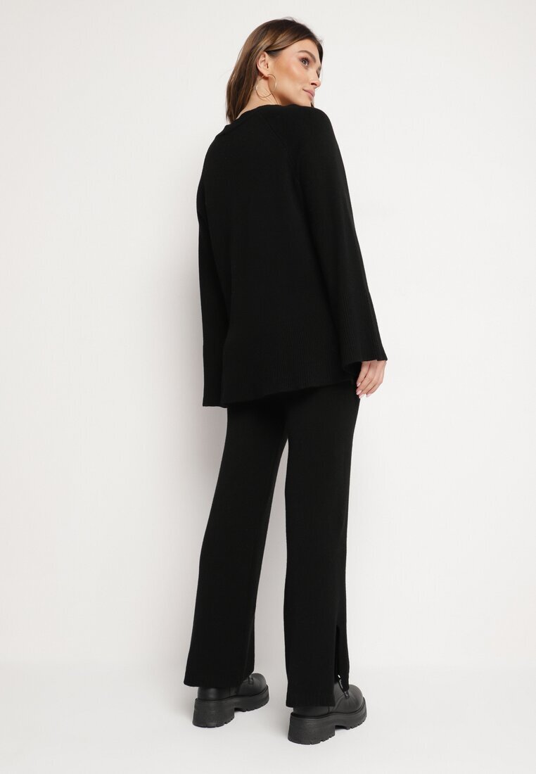  Set Tricotat Negru cu Vâscoză Pulover și Pantaloni cu elastic în talie și Fante Malwiya