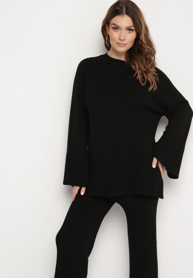  Set Tricotat Negru cu Vâscoză Pulover și Pantaloni cu elastic în talie și Fante Malwiya