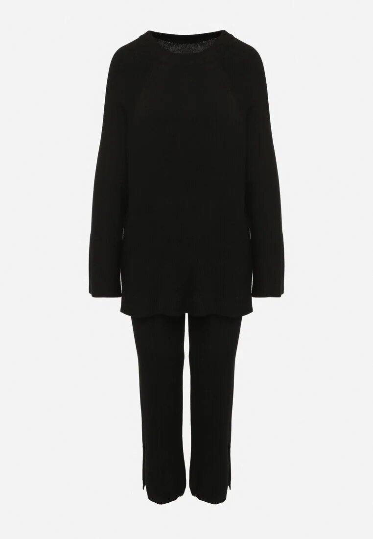  Set Tricotat Negru cu Vâscoză Pulover și Pantaloni cu elastic în talie și Fante Malwiya