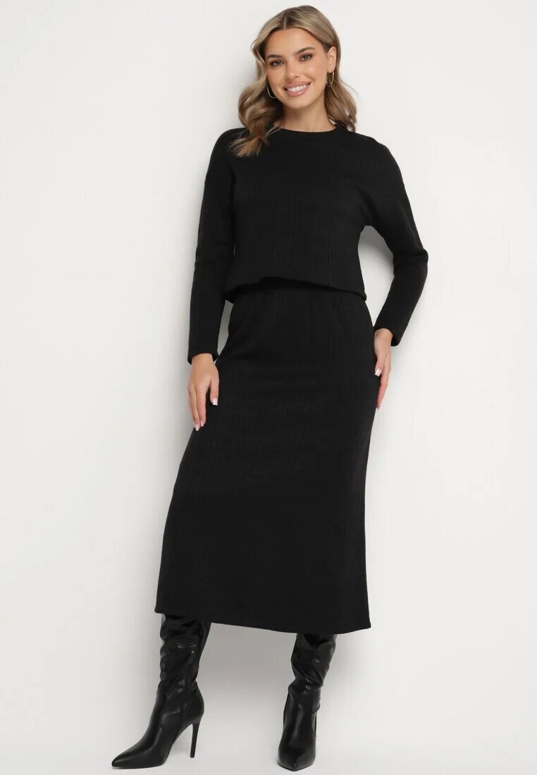  Set Tricotat Negru cu Viscoză Fustă cu Elastic în Talie și Șliț și Bluză Ilika