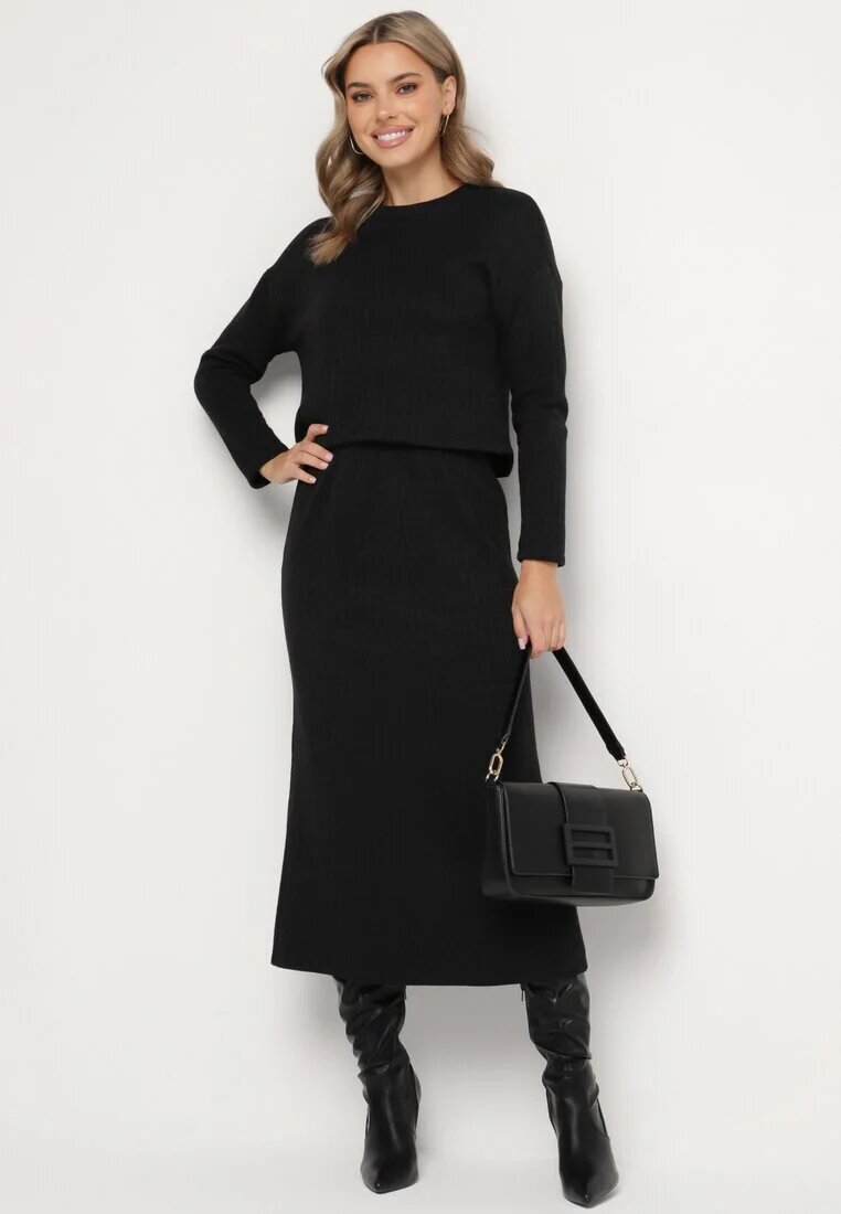  Set Tricotat Negru cu Viscoză Fustă cu Elastic în Talie și Șliț și Bluză Ilika