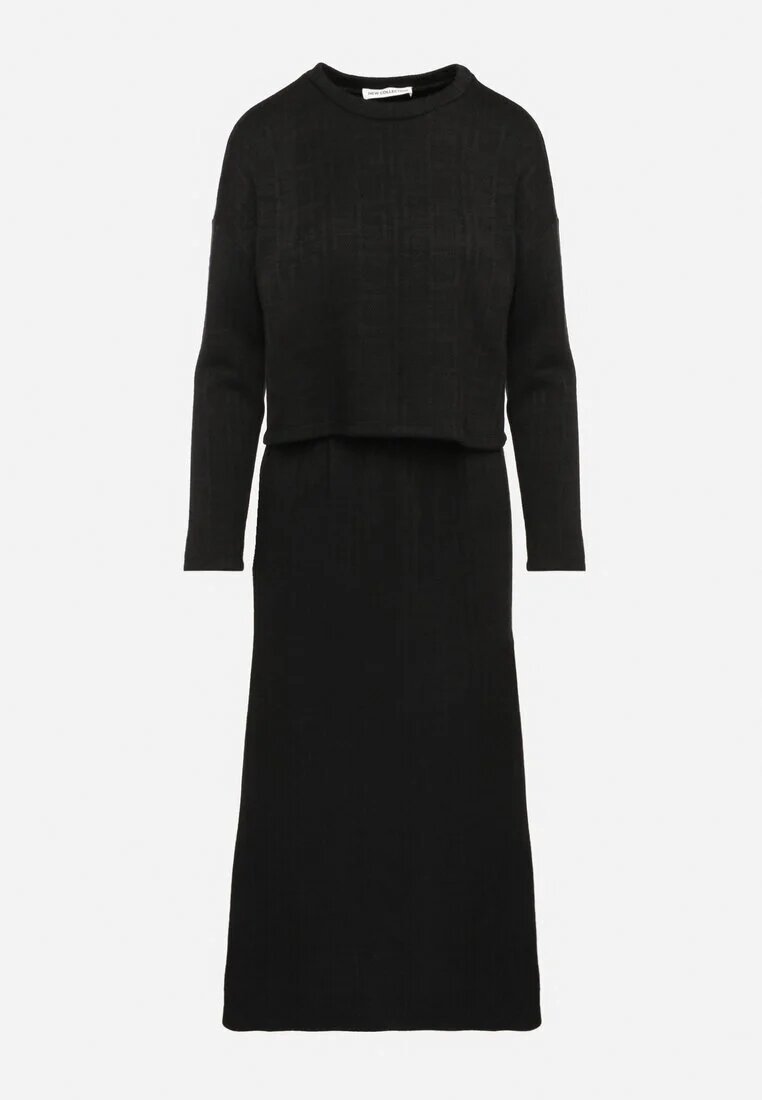 Set Tricotat Negru cu Viscoză Fustă cu Elastic în Talie și Șliț și Bluză Ilika