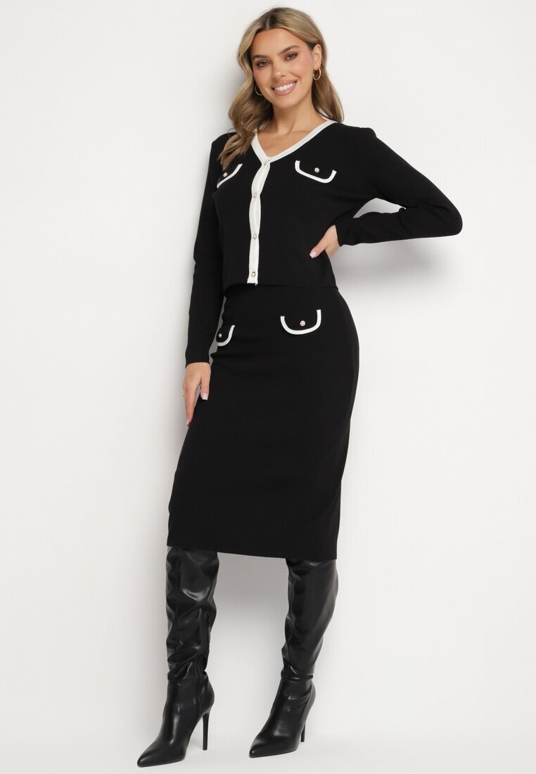  Set tricotat negru cu viscoză Fustă mulată Cardigan cu nasturi și Top Emarilith
