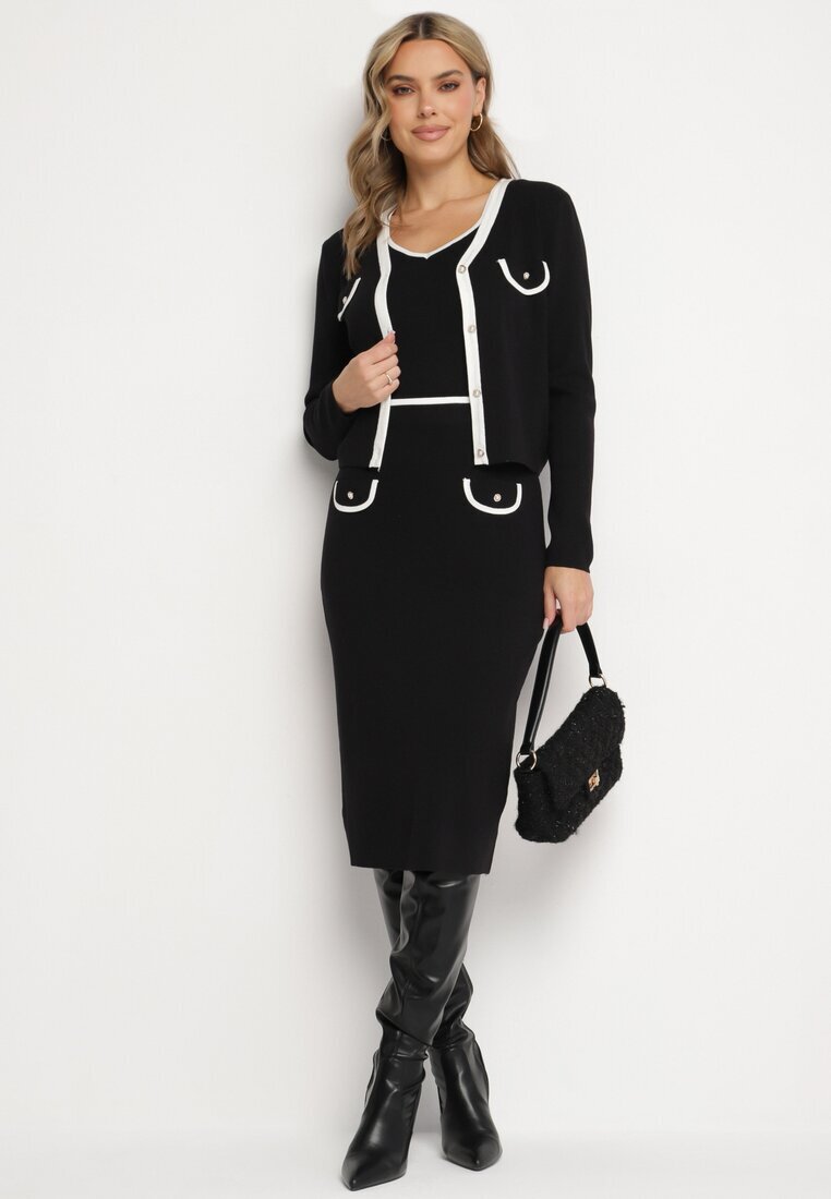  Set tricotat negru cu viscoză Fustă mulată Cardigan cu nasturi și Top Emarilith