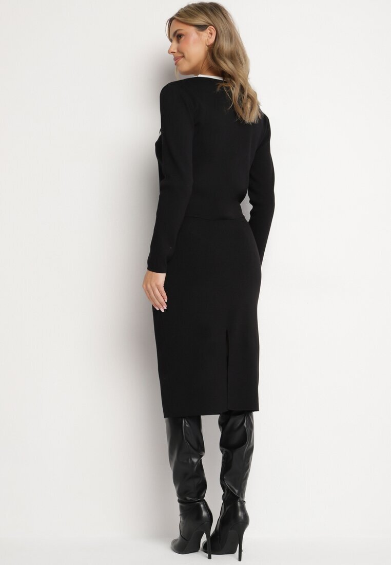  Set tricotat negru cu viscoză Fustă mulată Cardigan cu nasturi și Top Emarilith