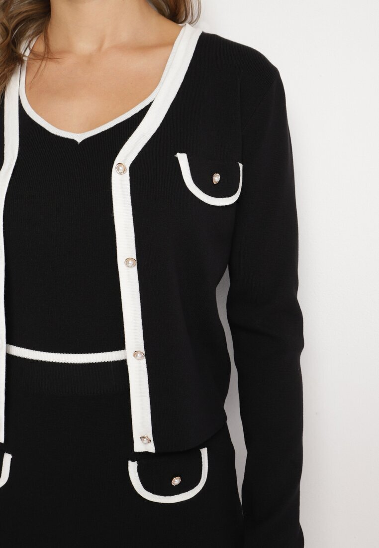  Set tricotat negru cu viscoză Fustă mulată Cardigan cu nasturi și Top Emarilith