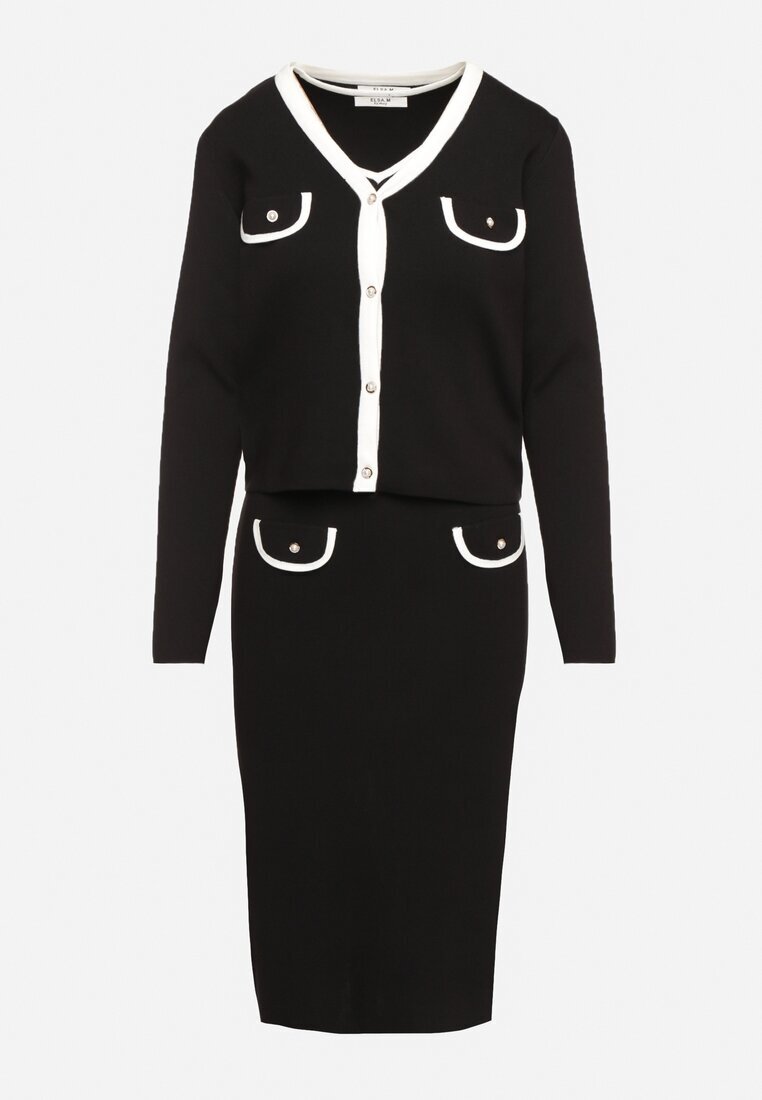  Set tricotat negru cu viscoză Fustă mulată Cardigan cu nasturi și Top Emarilith