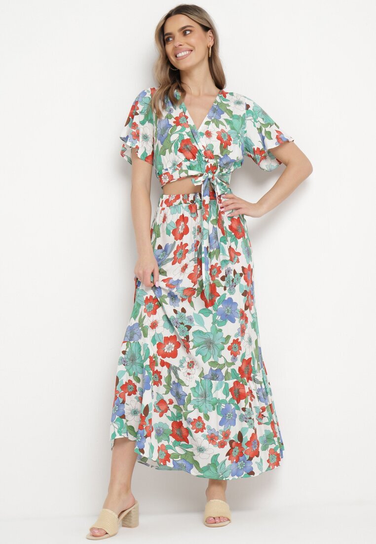  Set Vâscoză Alb-Roșu cu Model Floral Bluză Petrecută și Fustă cu Elastic în Talie Hoffia