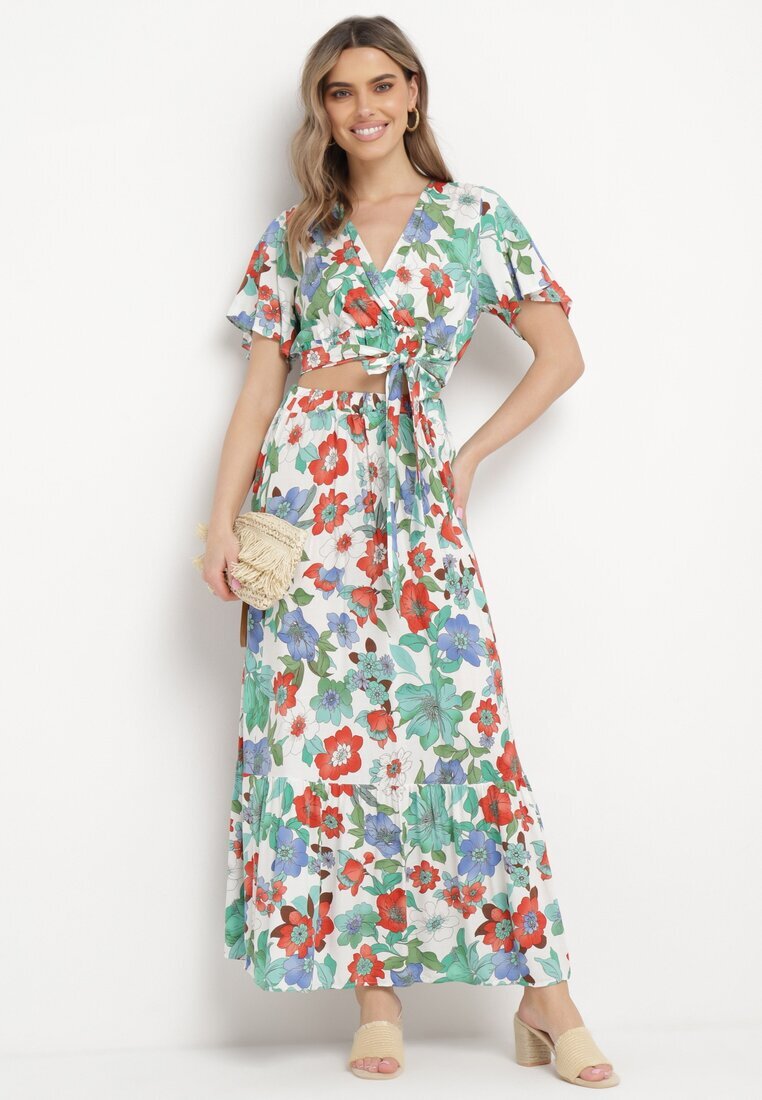  Set Vâscoză Alb-Roșu cu Model Floral Bluză Petrecută și Fustă cu Elastic în Talie Hoffia