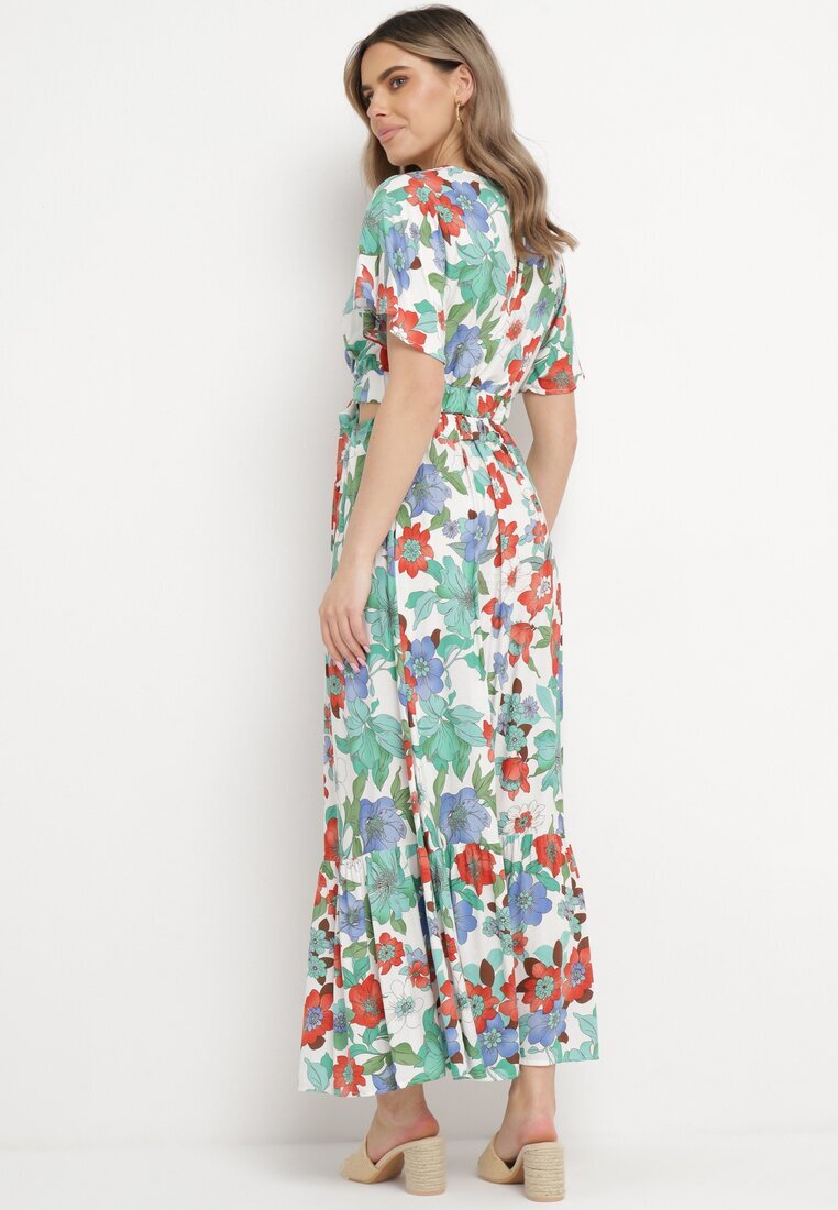  Set Vâscoză Alb-Roșu cu Model Floral Bluză Petrecută și Fustă cu Elastic în Talie Hoffia