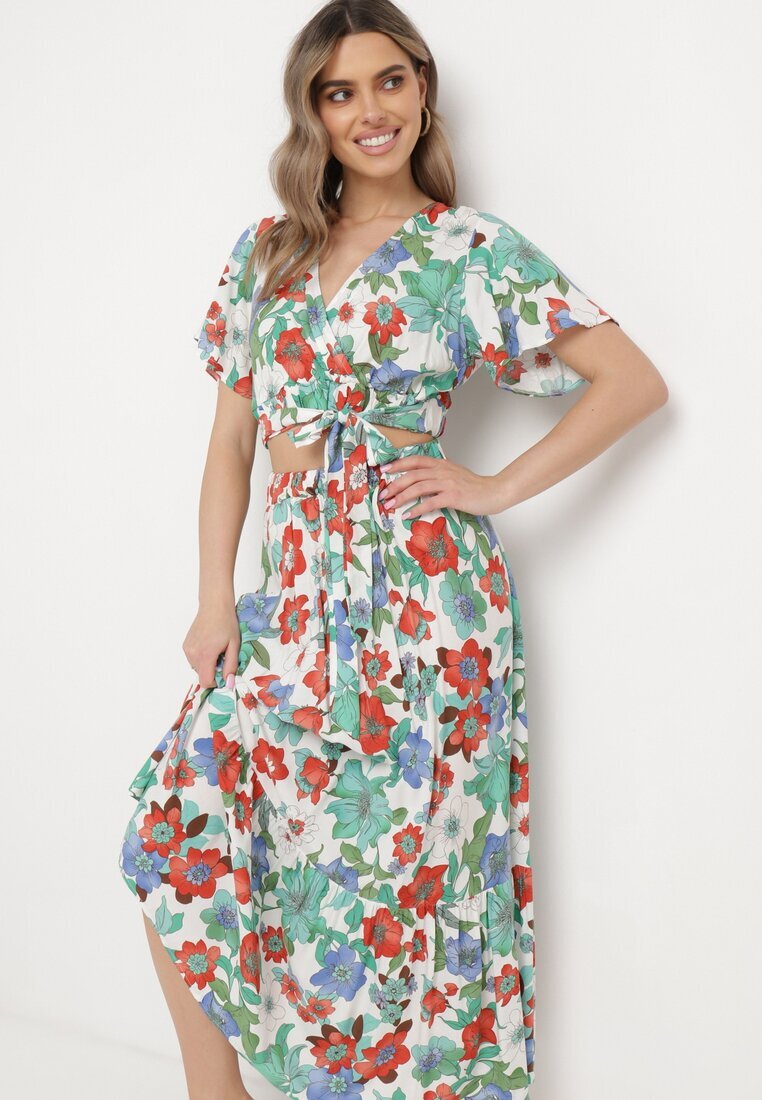  Set Vâscoză Alb-Roșu cu Model Floral Bluză Petrecută și Fustă cu Elastic în Talie Hoffia
