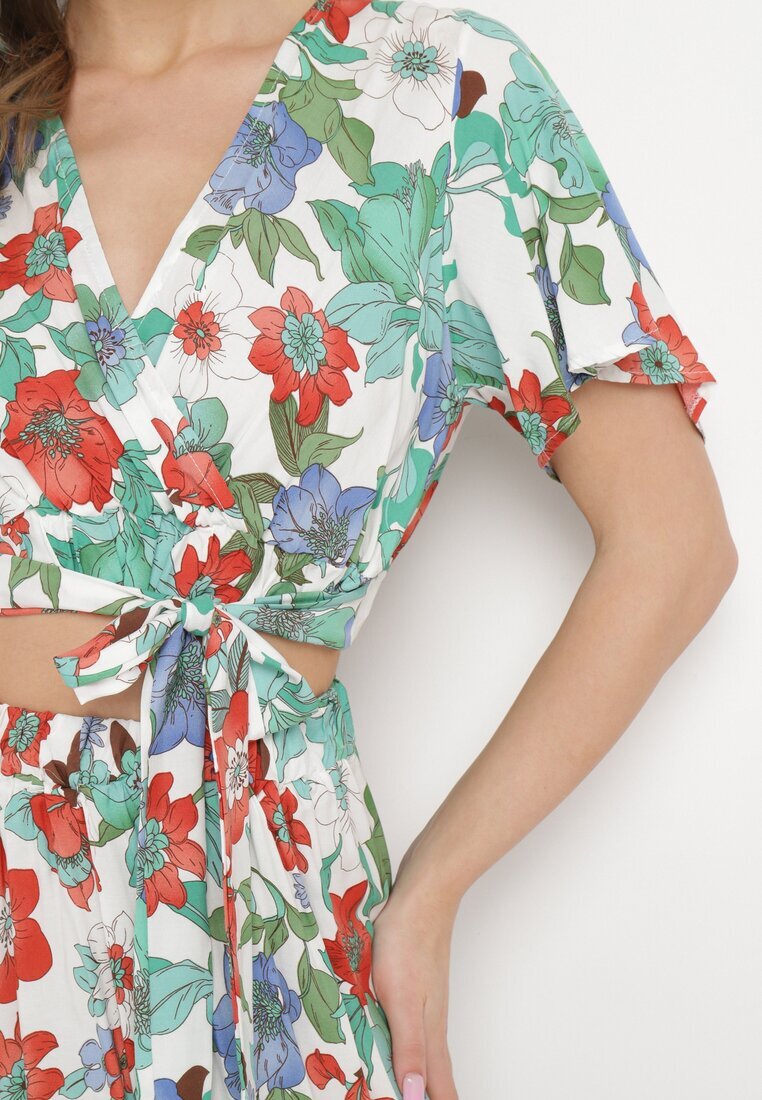  Set Vâscoză Alb-Roșu cu Model Floral Bluză Petrecută și Fustă cu Elastic în Talie Hoffia