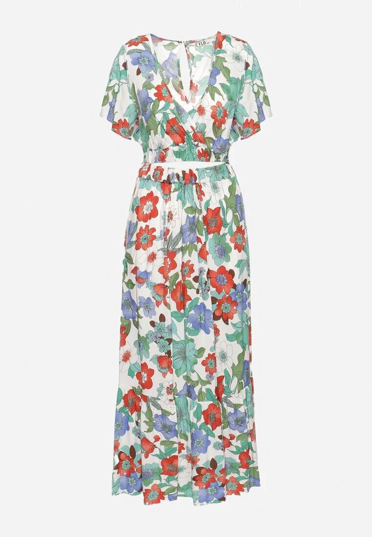  Set Vâscoză Alb-Roșu cu Model Floral Bluză Petrecută și Fustă cu Elastic în Talie Hoffia