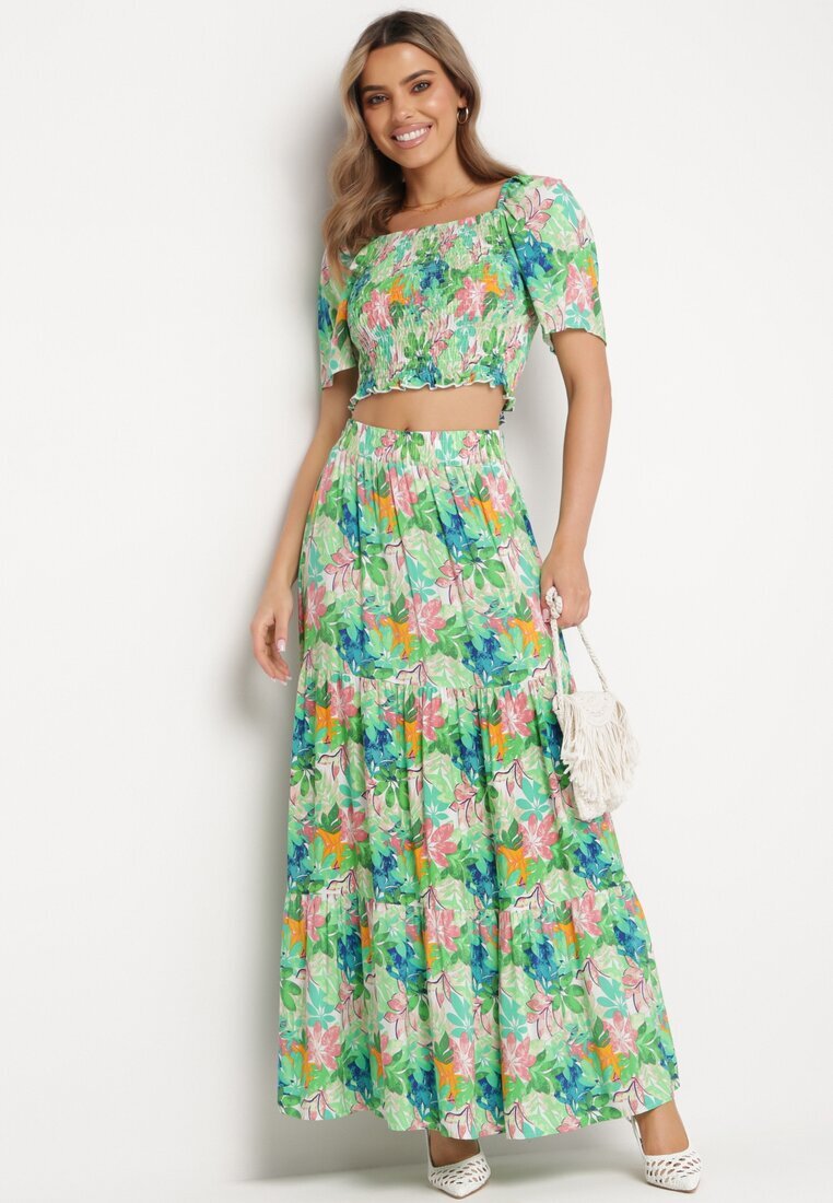  Set Verde cu Top și Fustă Maxi cu Imprimeu Floral Savanasa