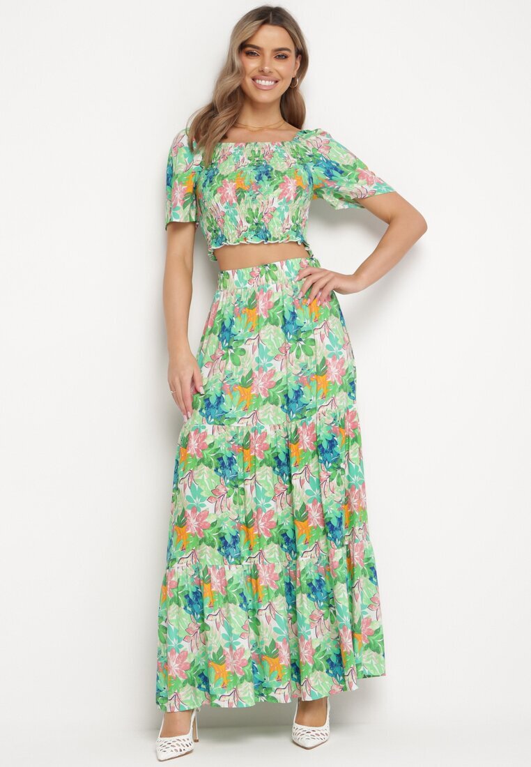 Set Verde cu Top și Fustă Maxi cu Imprimeu Floral Savanasa