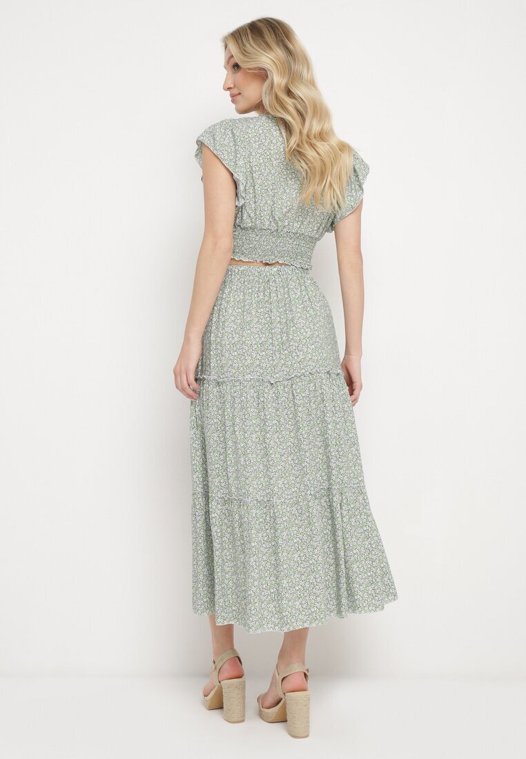  Set Verde deschis din bumbac Bluză cu decolteu petrecut și Fustă cloș Myxia
