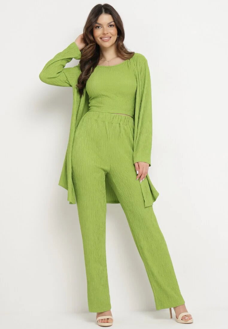  Set Verde deschis din Material Reiat Cămașă Top și Pantaloni Largi Ratels