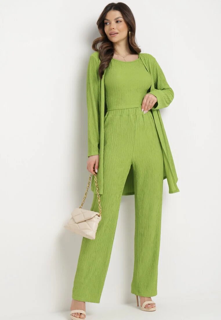  Set Verde deschis din Material Reiat Cămașă Top și Pantaloni Largi Ratels