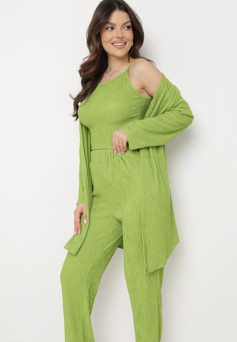  Set Verde deschis din Material Reiat Cămașă Top și Pantaloni Largi Ratels