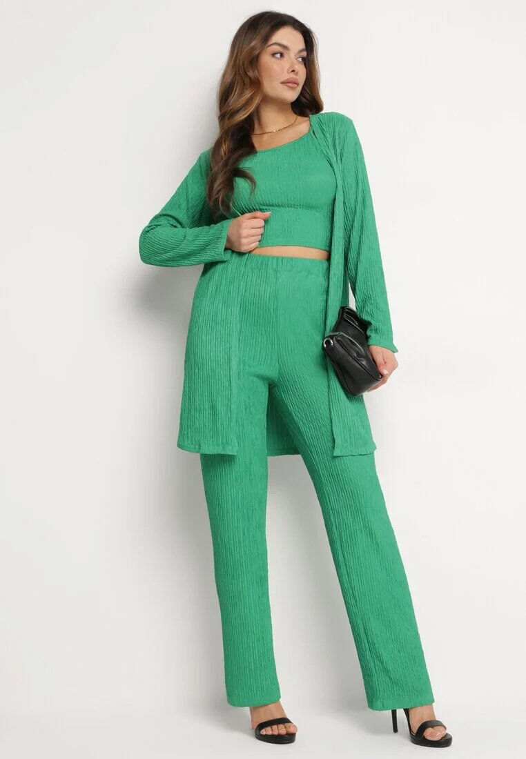  Set Verde Închis din Material Reiat Cămașă Top și Pantaloni Largi Ratels