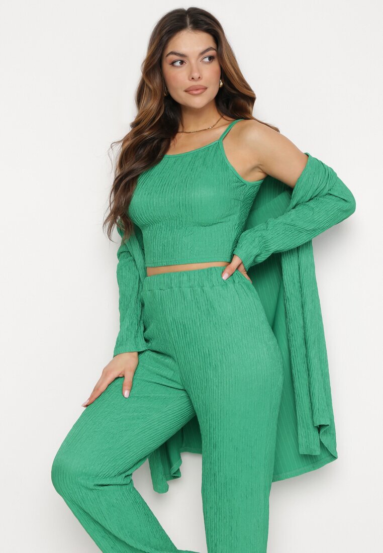  Set Verde Închis din Material Reiat Cămașă Top și Pantaloni Largi Ratels