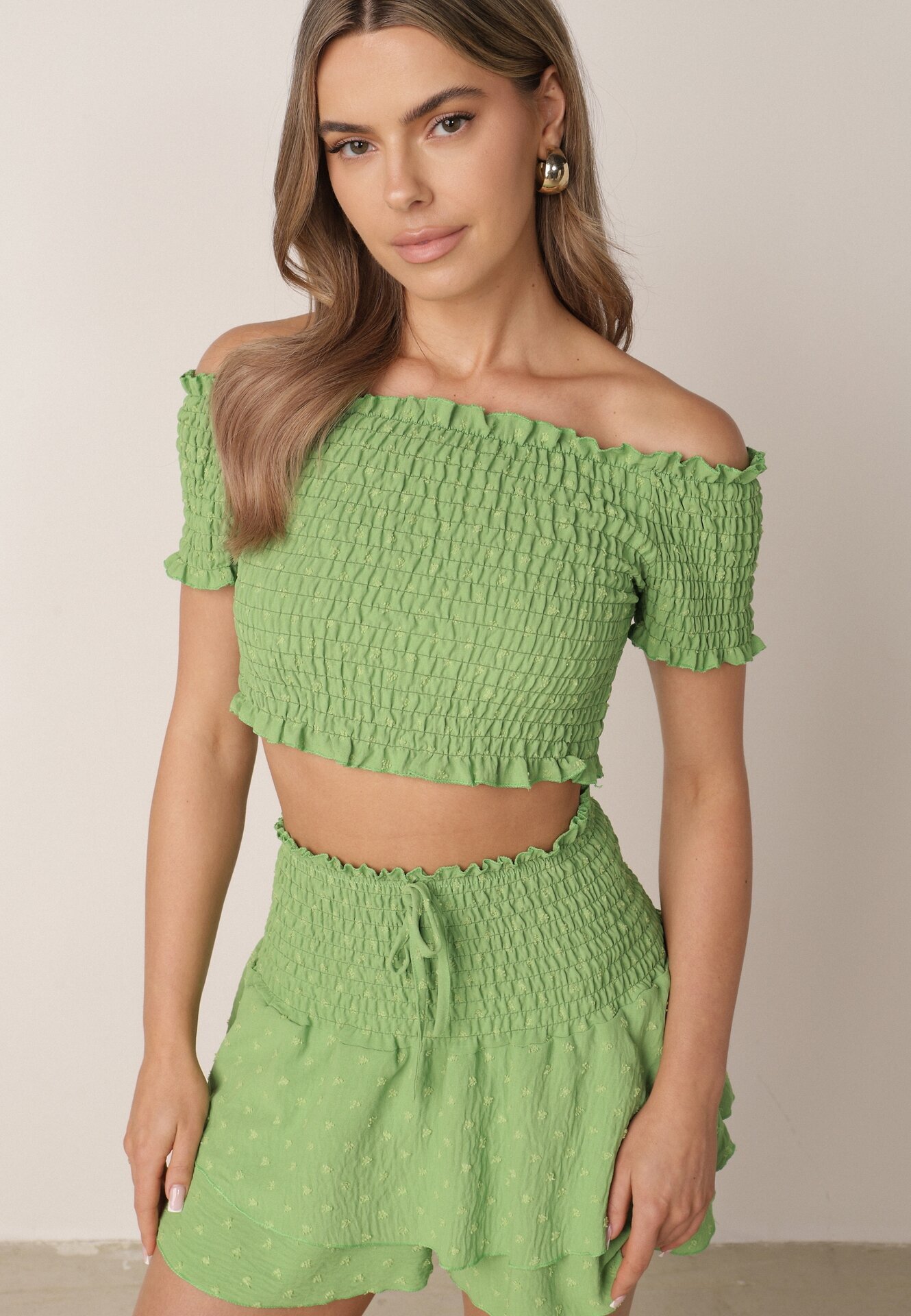  Set Verde Top Stil spaniol și Fustă-Pantaloni scurți cu elastic Quillatta