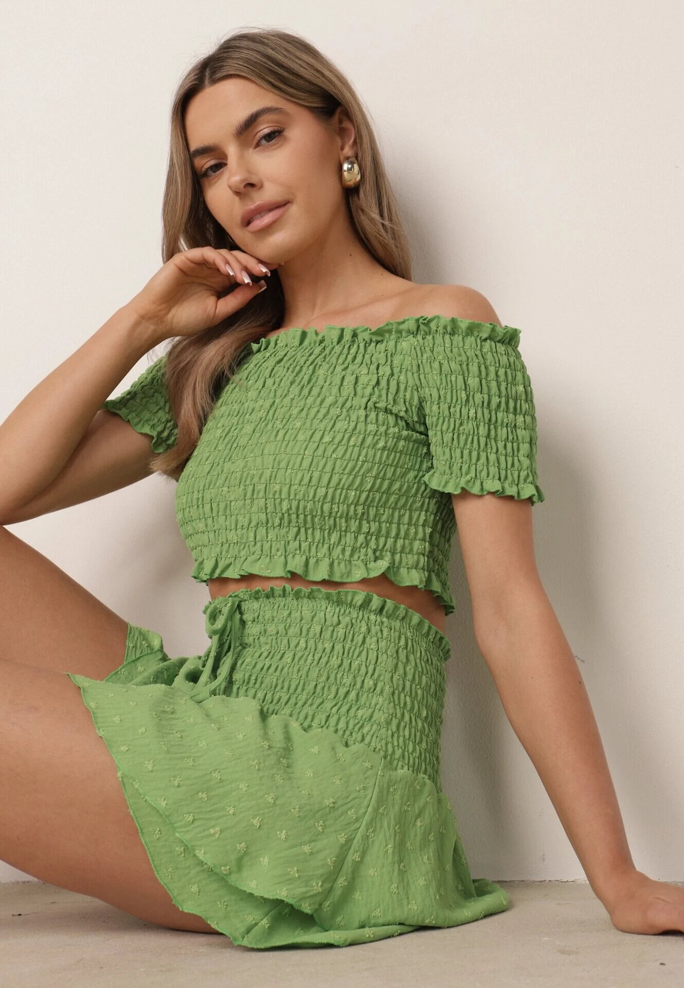  Set Verde Top Stil spaniol și Fustă-Pantaloni scurți cu elastic Quillatta