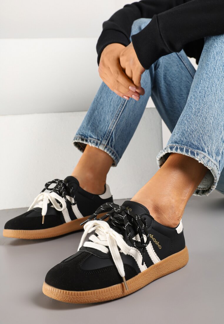 shosho Sneakers Negru-Bej în Stil de Tenisi Clasici cu Șireturi Suplimentare Valiena