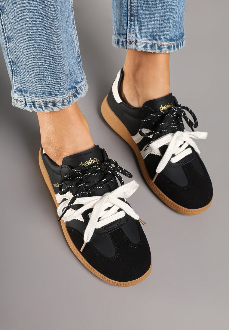 shosho Sneakers Negru-Bej în Stil de Tenisi Clasici cu Șireturi Suplimentare Valiena