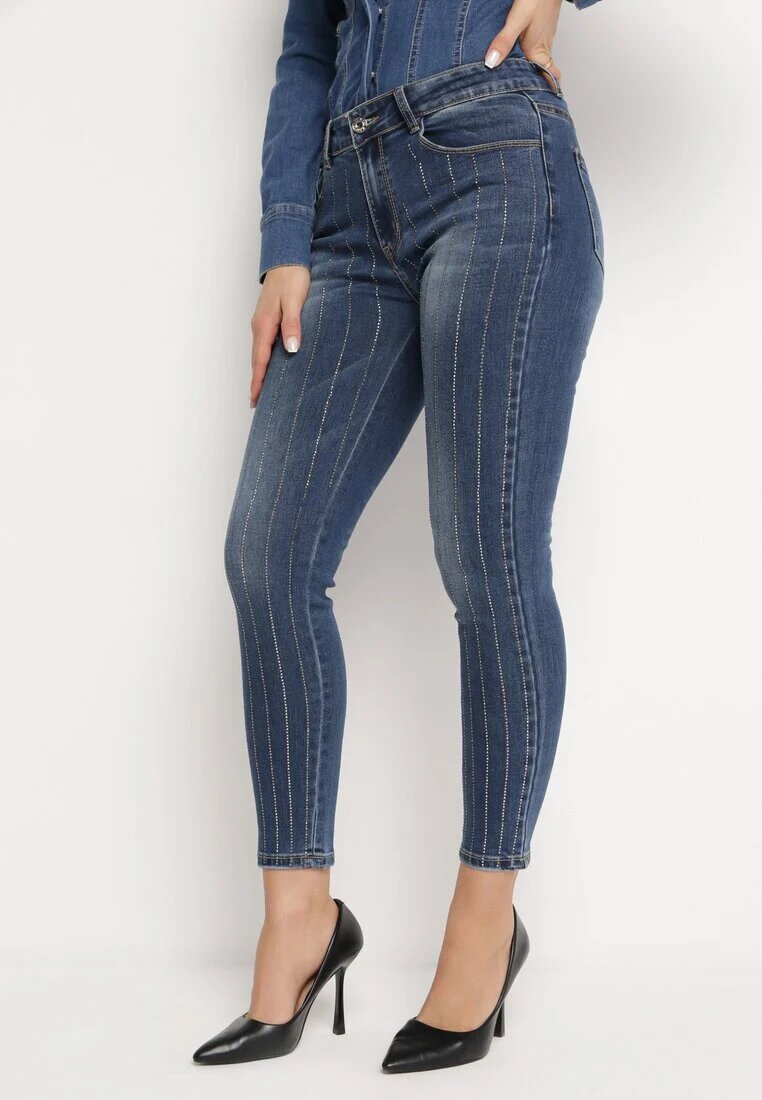 sixte jeans Blugi bleumarin regular cu talie înaltă decorate cu zirconii și rupturi Lofia