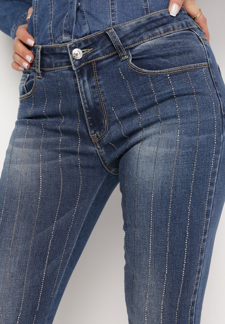 sixte jeans Blugi bleumarin regular cu talie înaltă decorate cu zirconii și rupturi Lofia
