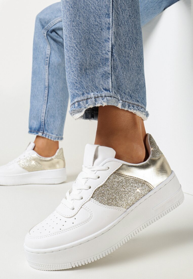  Sneakers alb-aurii cu șireturi cu talpă plată și inserții cu sclipici Dezia