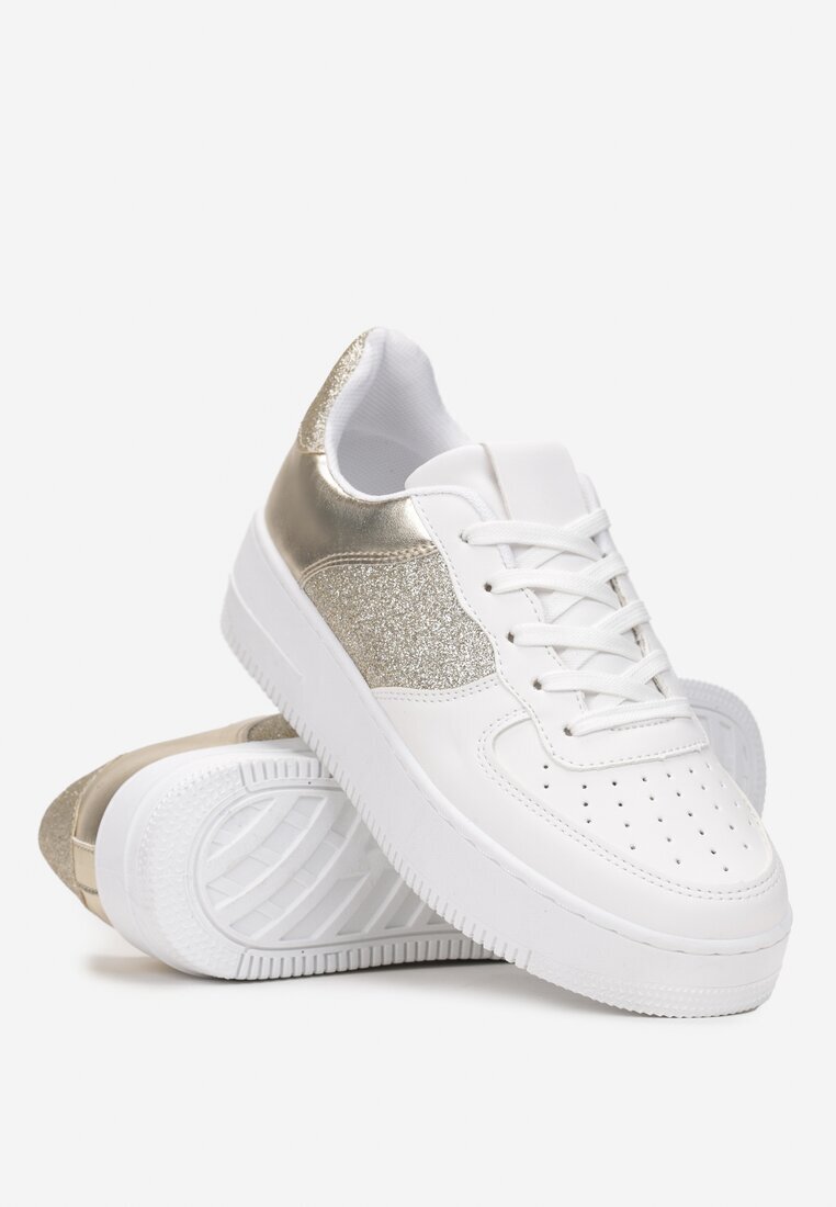  Sneakers alb-aurii cu șireturi cu talpă plată și inserții cu sclipici Dezia