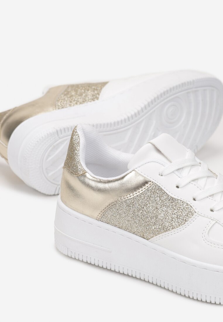  Sneakers alb-aurii cu șireturi cu talpă plată și inserții cu sclipici Dezia