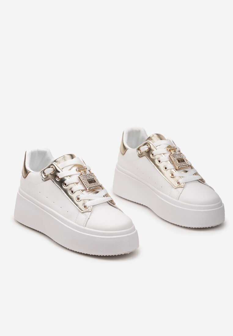  Sneakers Alb-Auriu cu Decorație Metalică cu Zirconii la Șireturi Awenttes