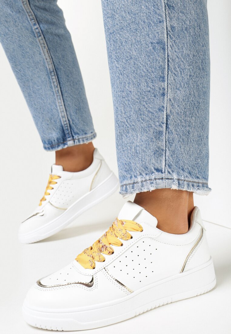  Sneakers Alb-Auriu cu Inserții Strălucitoare și Șireturi Decorative Horustia
